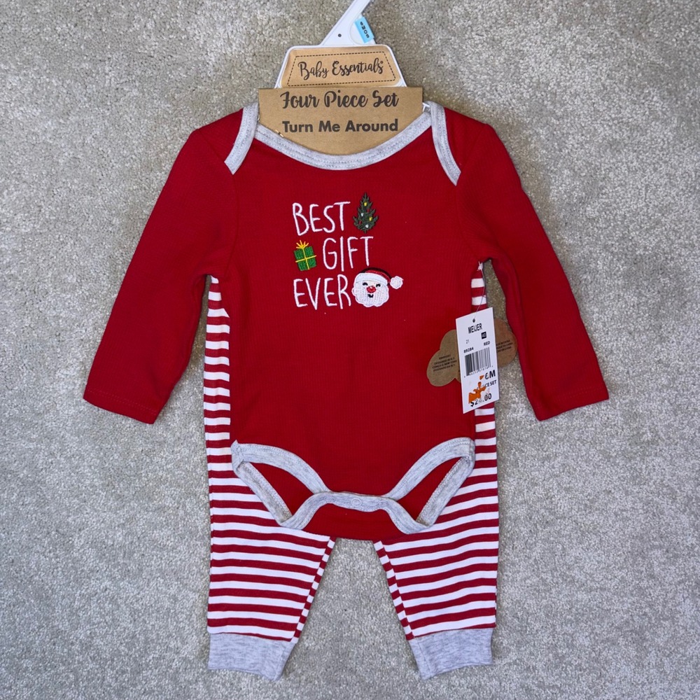 Best Gift Ever Santa Christmas 4 Pc Set Baby 6M Red Stripe Baby Essentials NEW